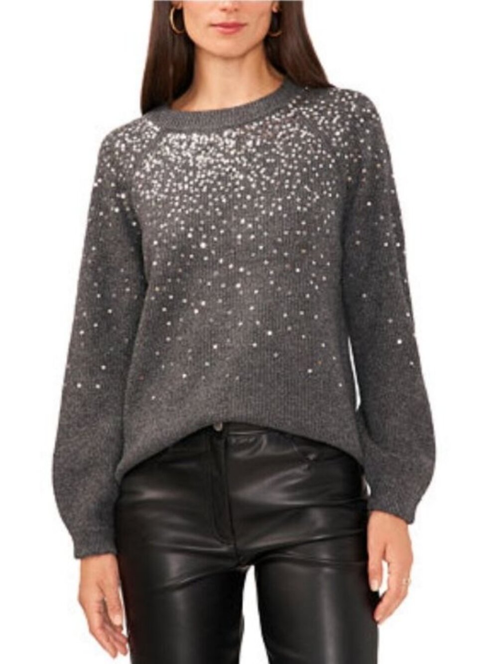 $69 Vince Camuto Sequin Round Neck Long Sleeve Sweater  Grey